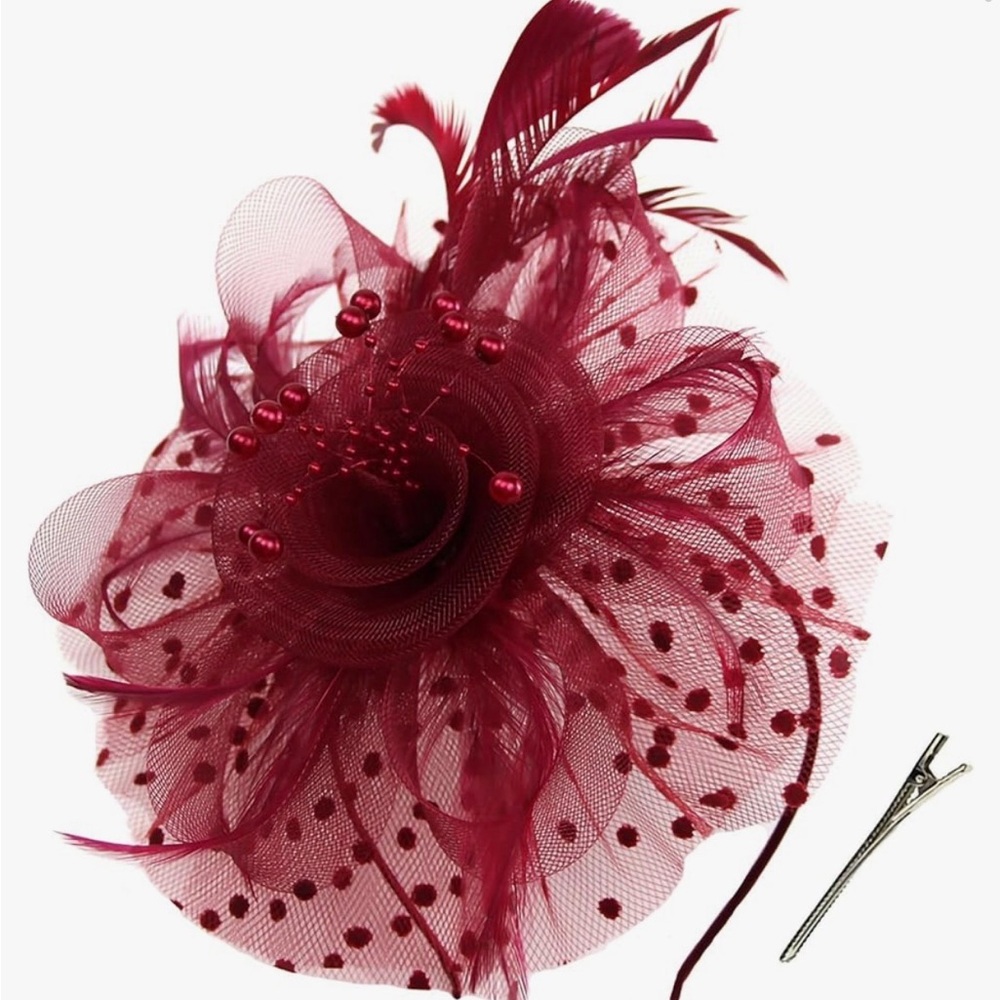 Women’s Burgundy Feathered Fascinator Headpiece